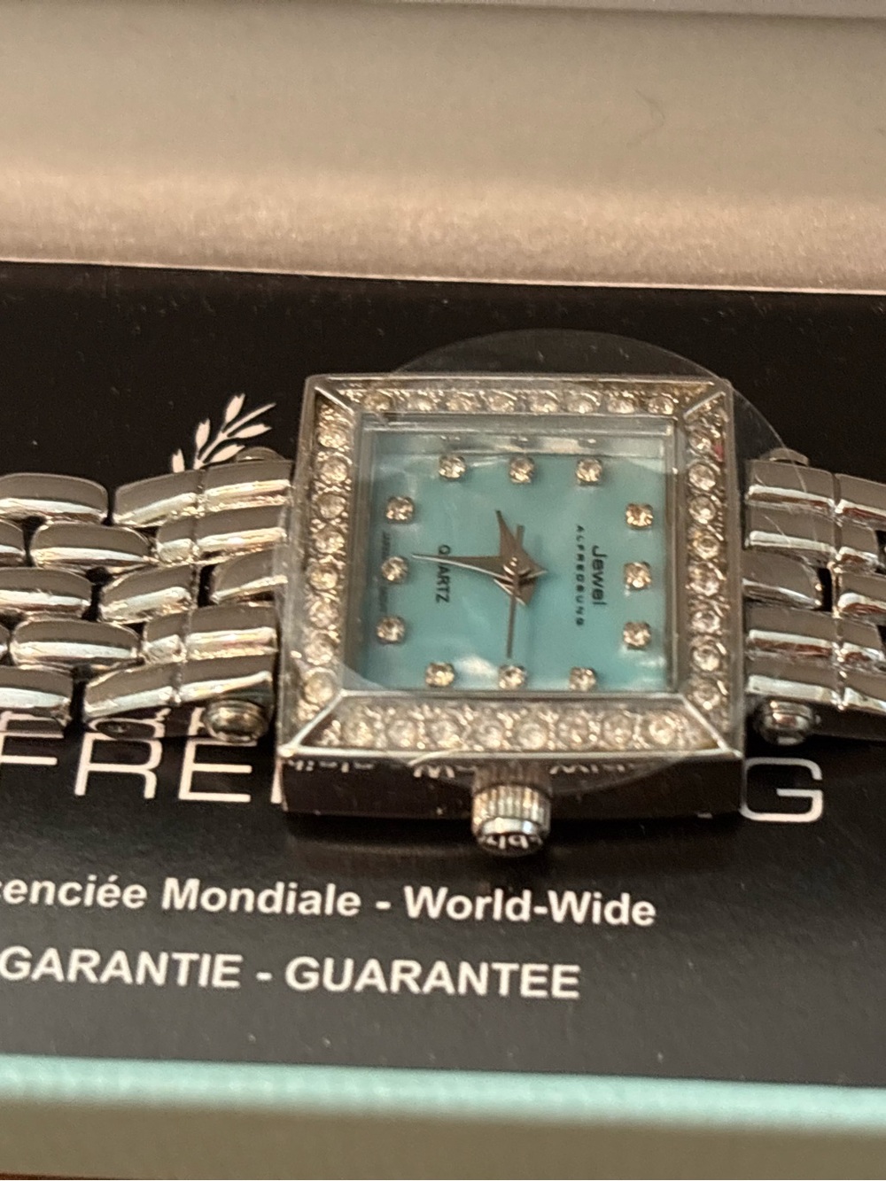 ALFRED SUNG Jewel Art Deco Silver MOP Women's Crystals Square Bracelet Watch - Picture 2 of 10